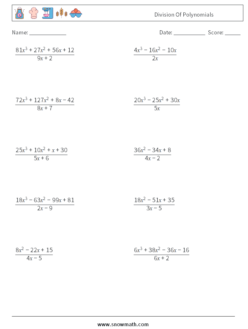 Division Of Polynomials Math Worksheets 9