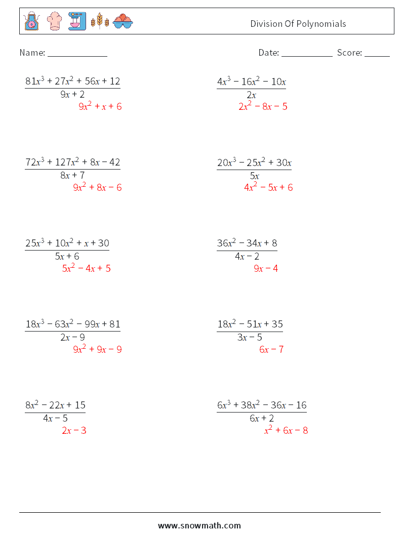 Division Of Polynomials Math Worksheets 9 Question, Answer