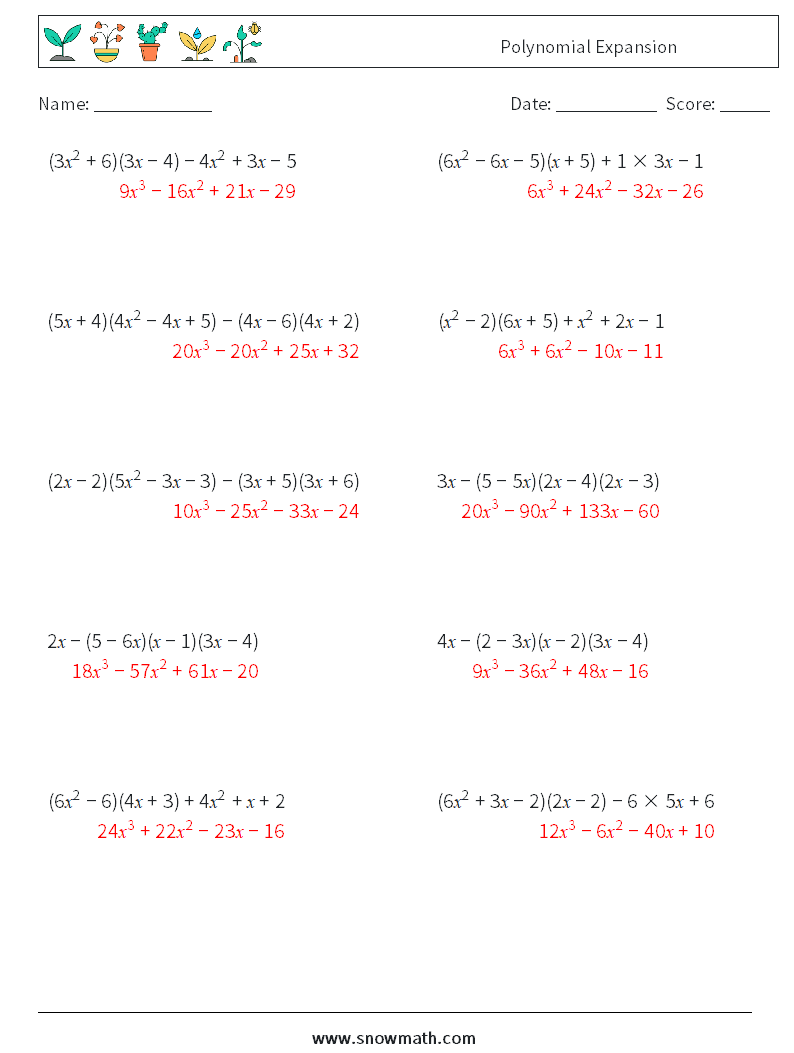 Polynomial Expansion Math Worksheets 1 Question, Answer