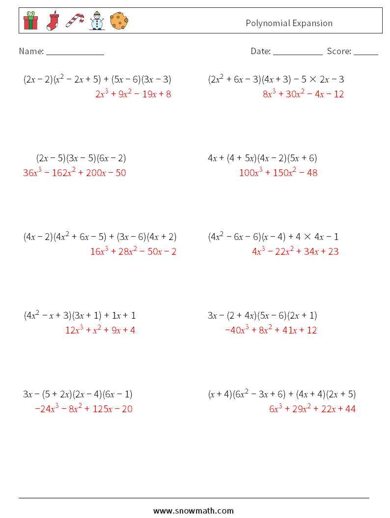 Polynomial Expansion Math Worksheets 2 Question, Answer