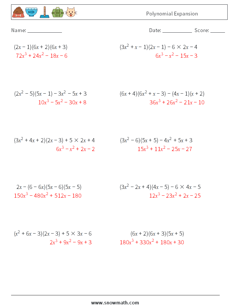 Polynomial Expansion Math Worksheets 3 Question, Answer