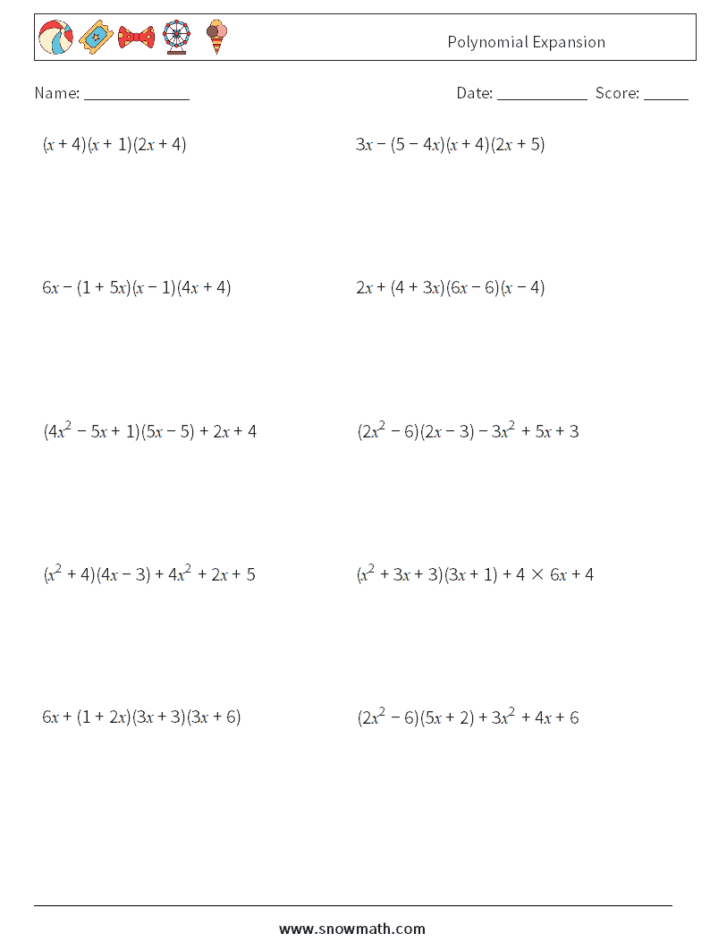 Polynomial Expansion Math Worksheets 4