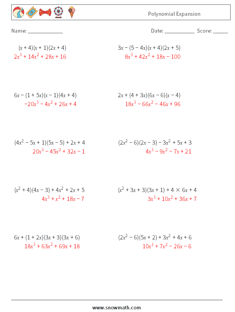 Polynomial Expansion Math Worksheets 4 Question, Answer