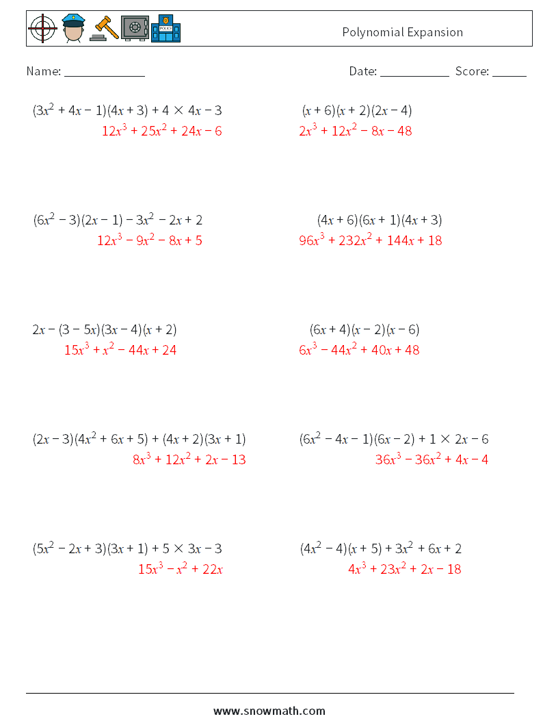 Polynomial Expansion Math Worksheets 6 Question, Answer