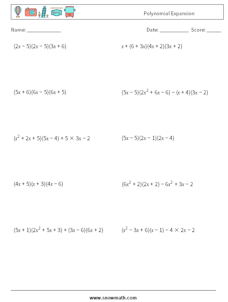 Polynomial Expansion Math Worksheets 7