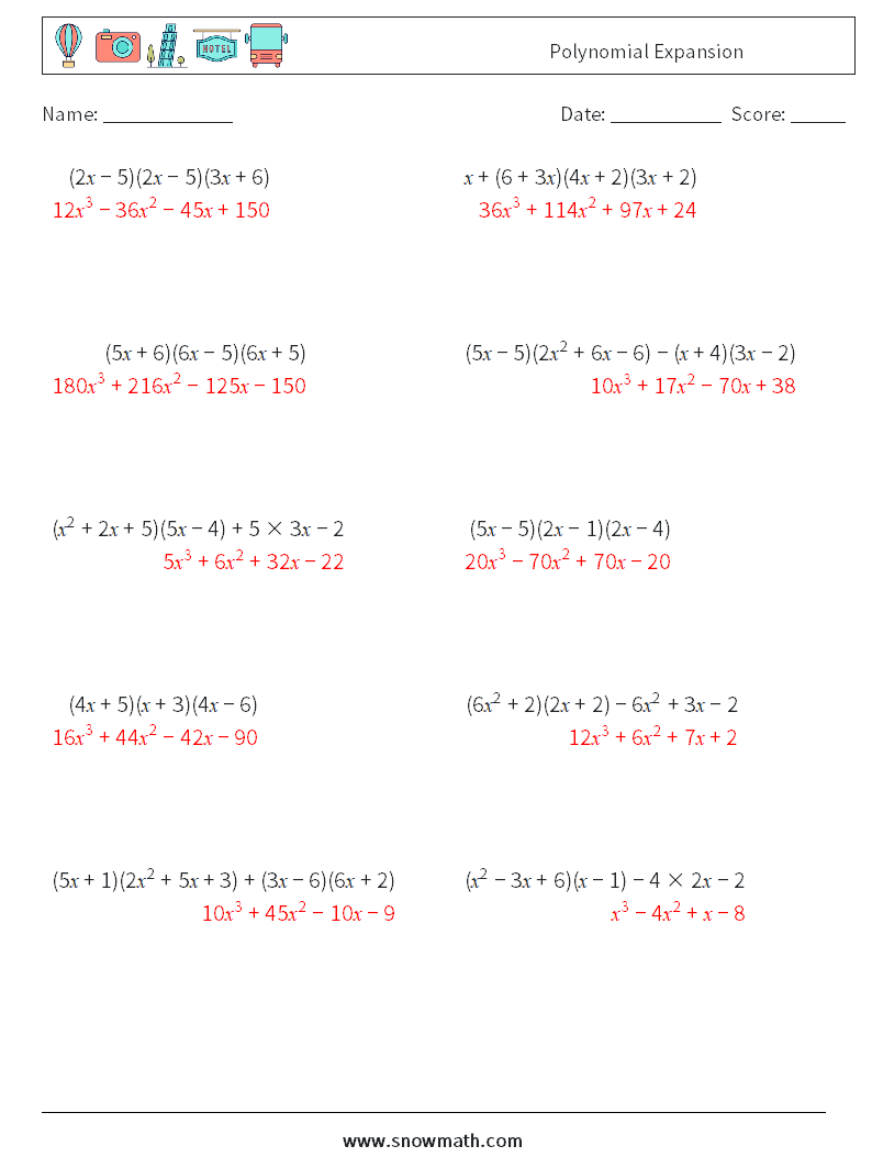 Polynomial Expansion Math Worksheets 7 Question, Answer
