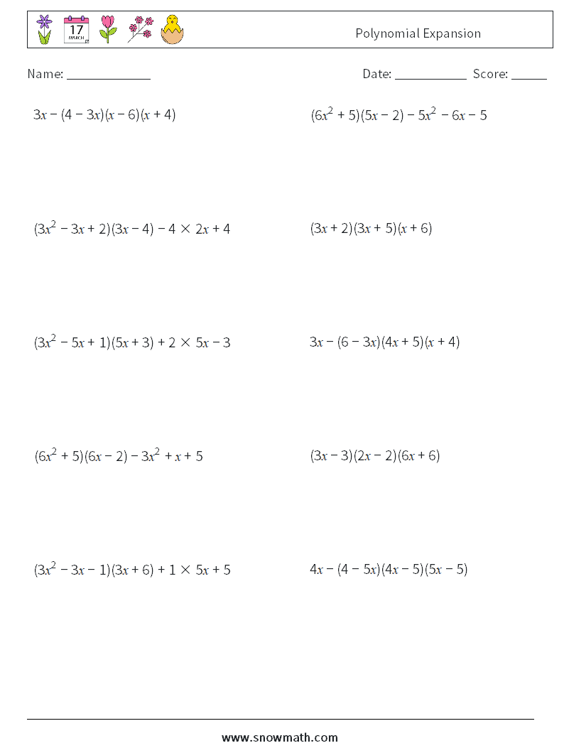 Polynomial Expansion Math Worksheets 8