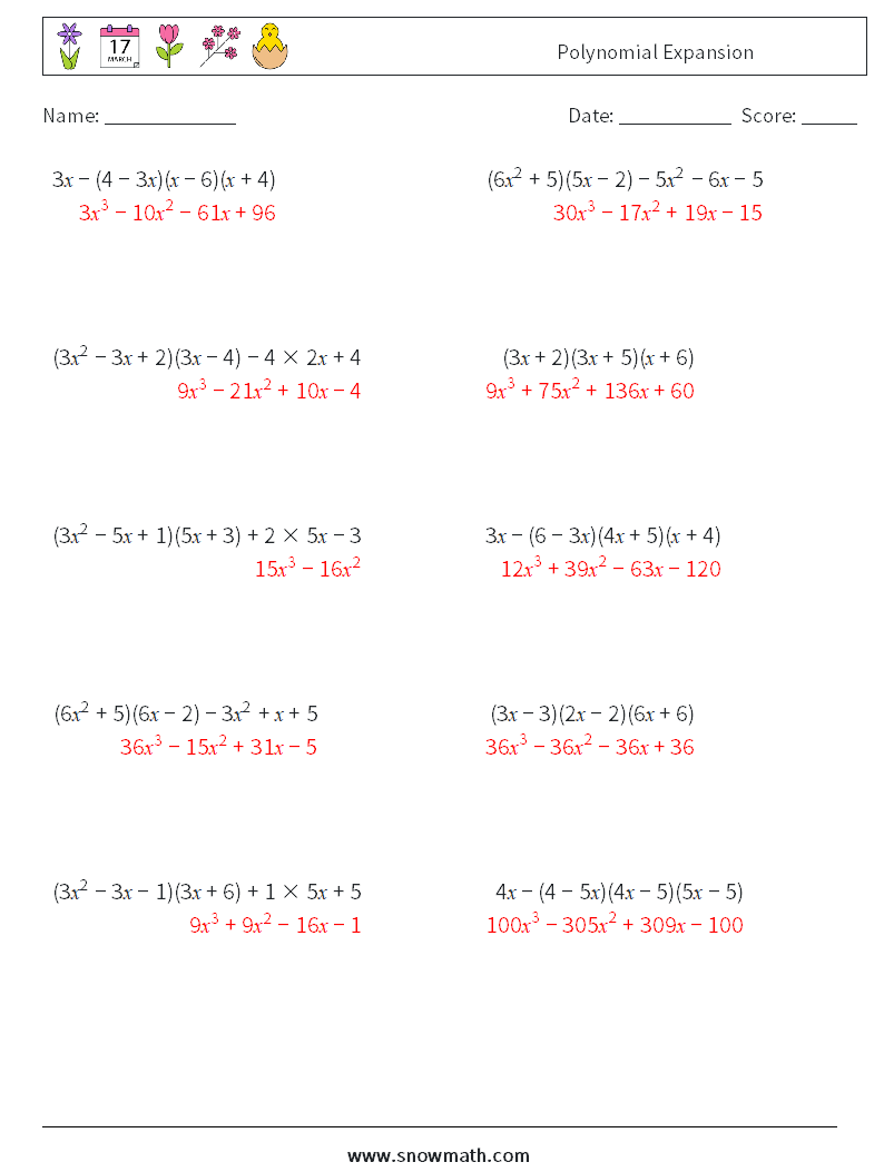 Polynomial Expansion Math Worksheets 8 Question, Answer