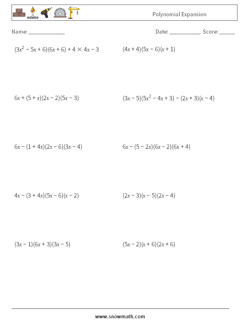 Polynomial Expansion Math Worksheets 9