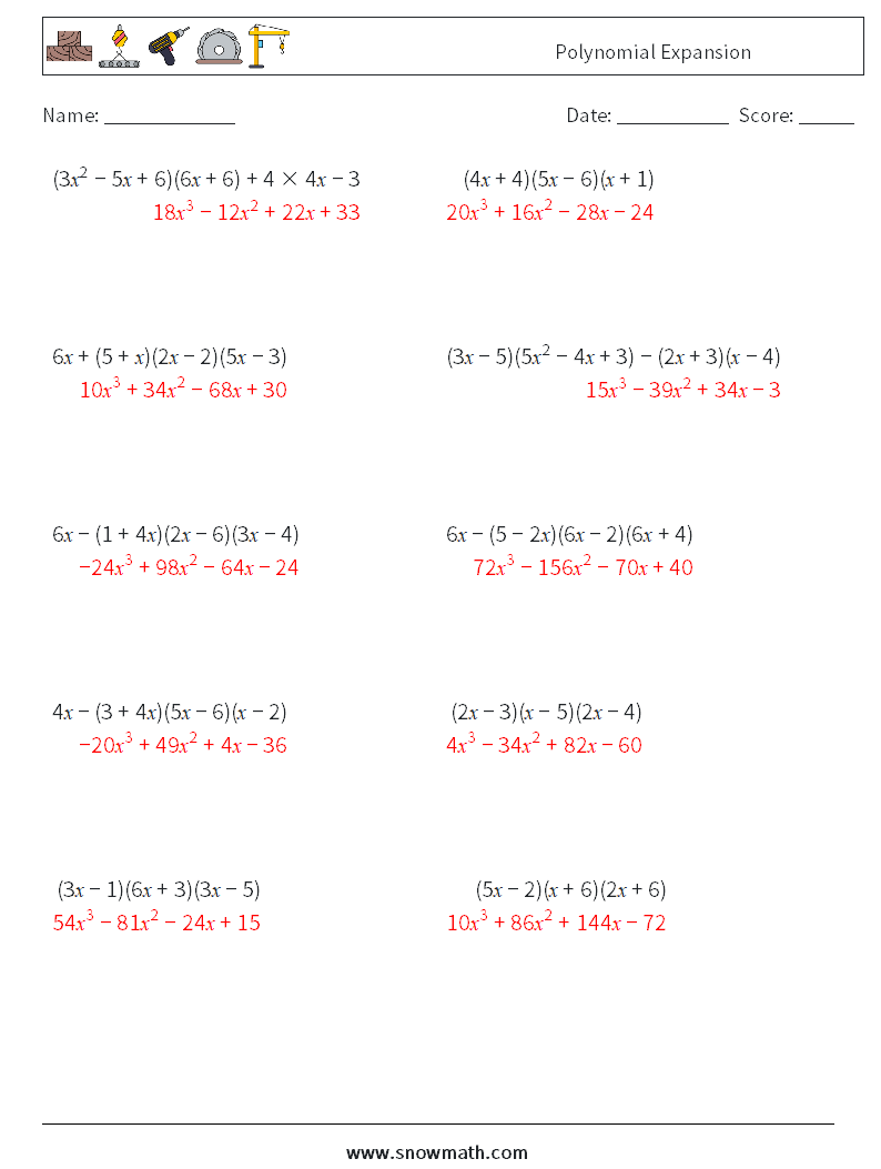 Polynomial Expansion Math Worksheets 9 Question, Answer