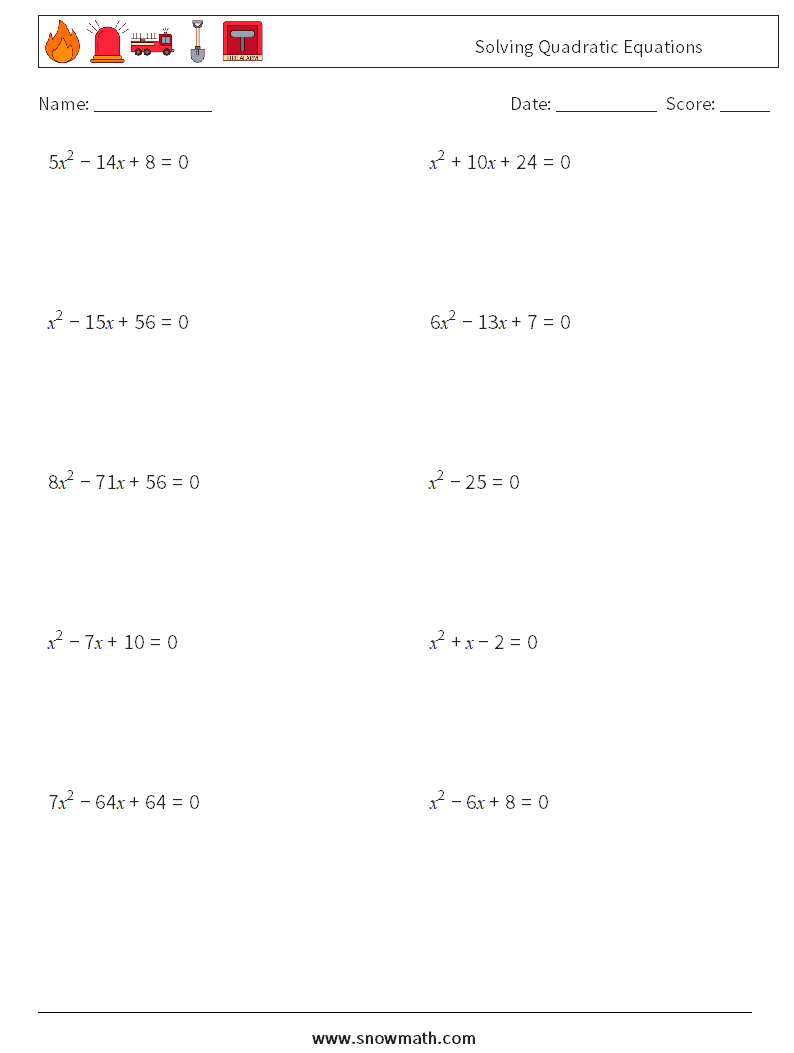Solving Quadratic Equations Math Worksheets 1