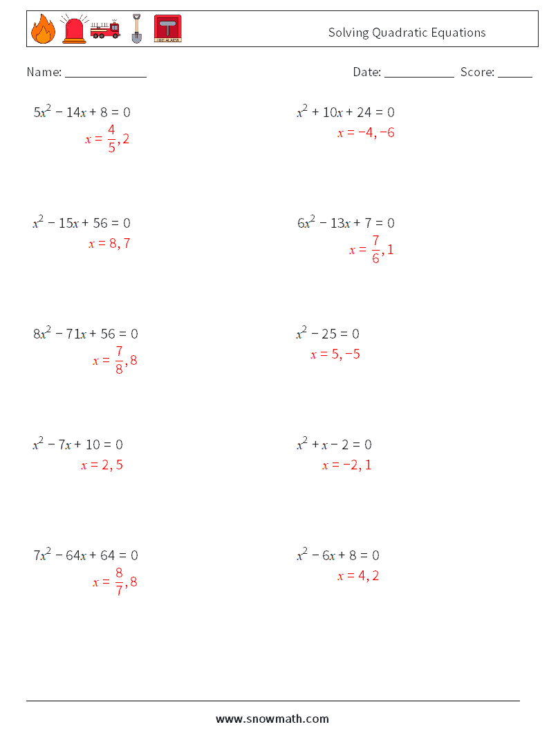 Solving Quadratic Equations Math Worksheets 1 Question, Answer