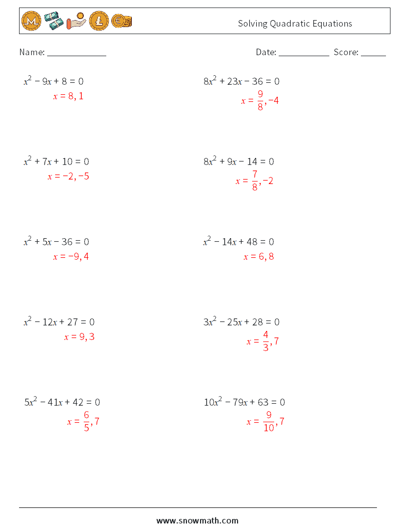 Solving Quadratic Equations Math Worksheets 2 Question, Answer