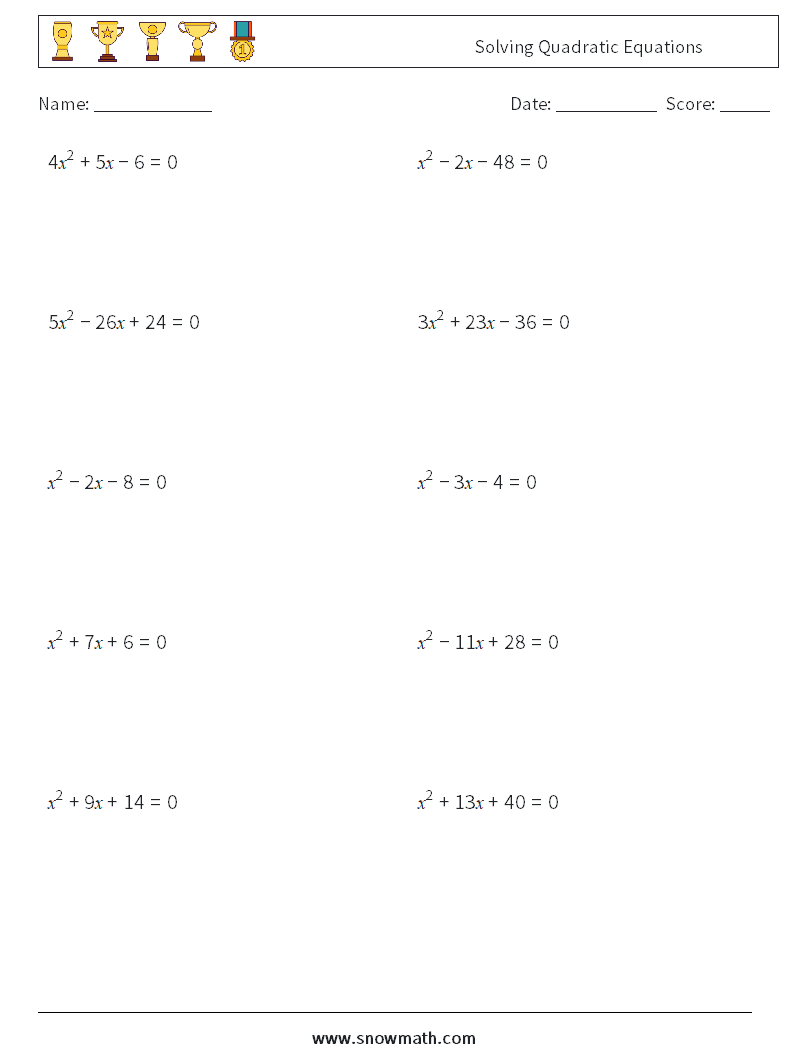 Solving Quadratic Equations Math Worksheets 3