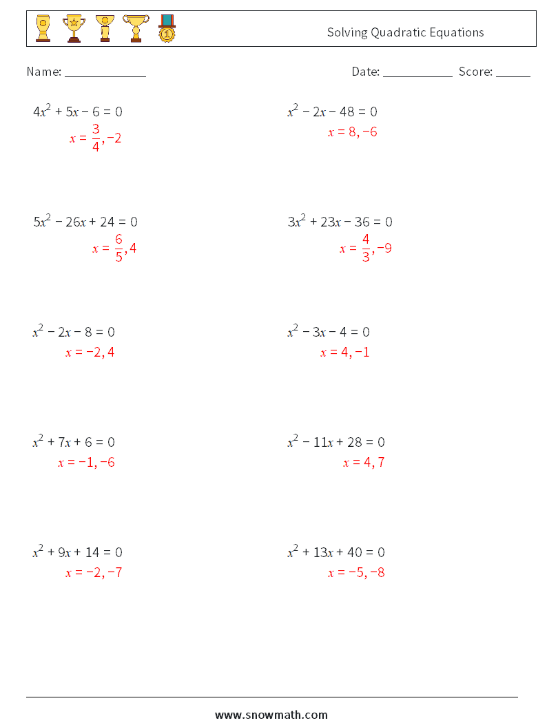 Solving Quadratic Equations Math Worksheets 3 Question, Answer