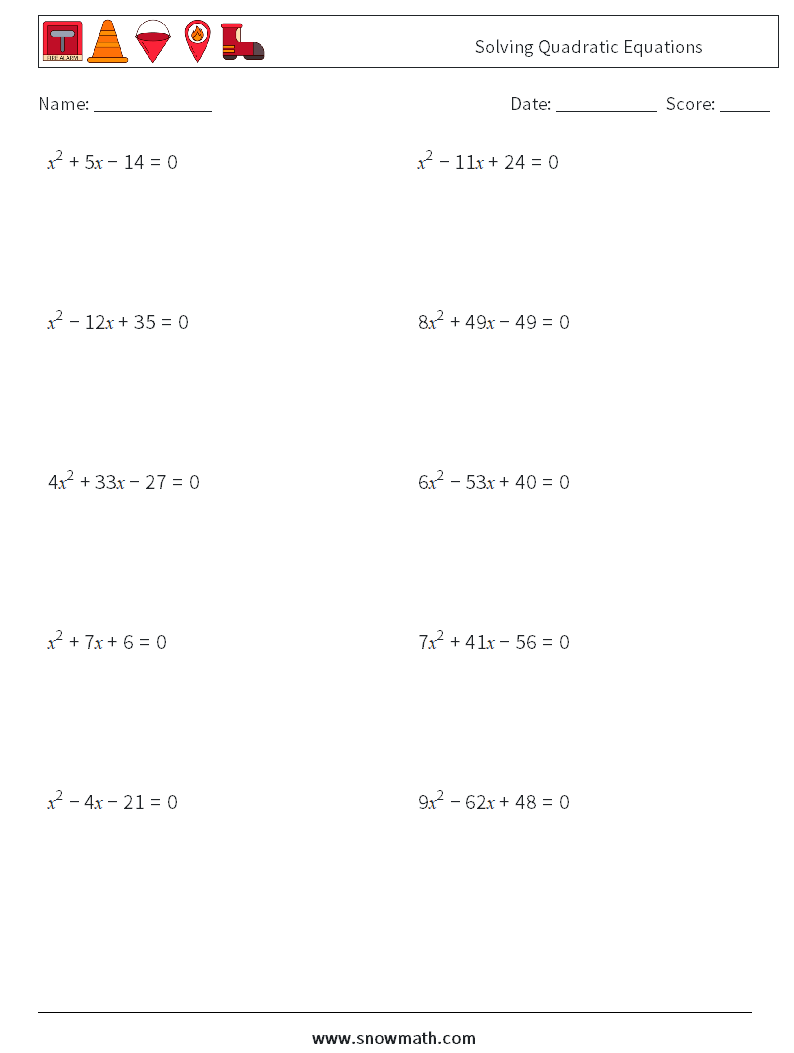 Solving Quadratic Equations Math Worksheets 4