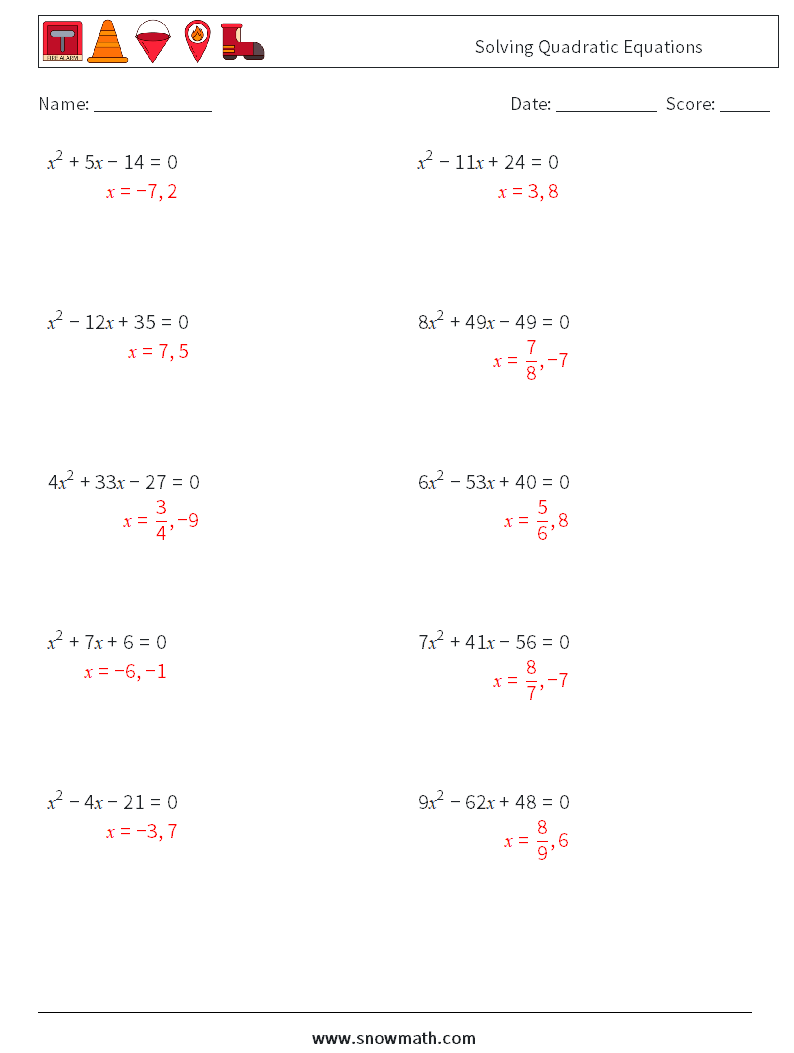Solving Quadratic Equations Math Worksheets 4 Question, Answer