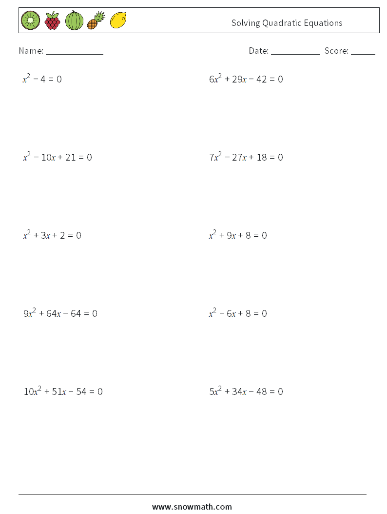 Solving Quadratic Equations Math Worksheets 5
