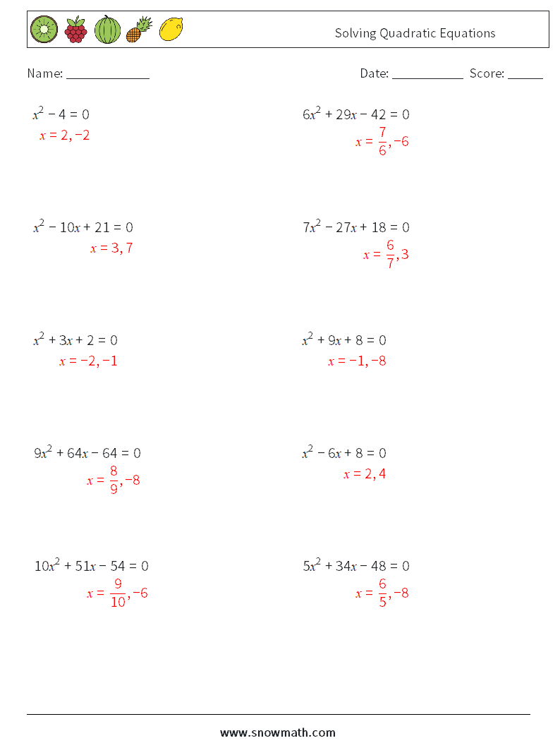 Solving Quadratic Equations Math Worksheets 5 Question, Answer