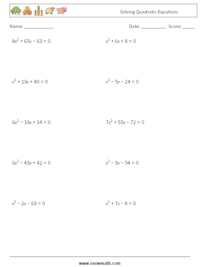 Solving Quadratic Equations Math Worksheets 6