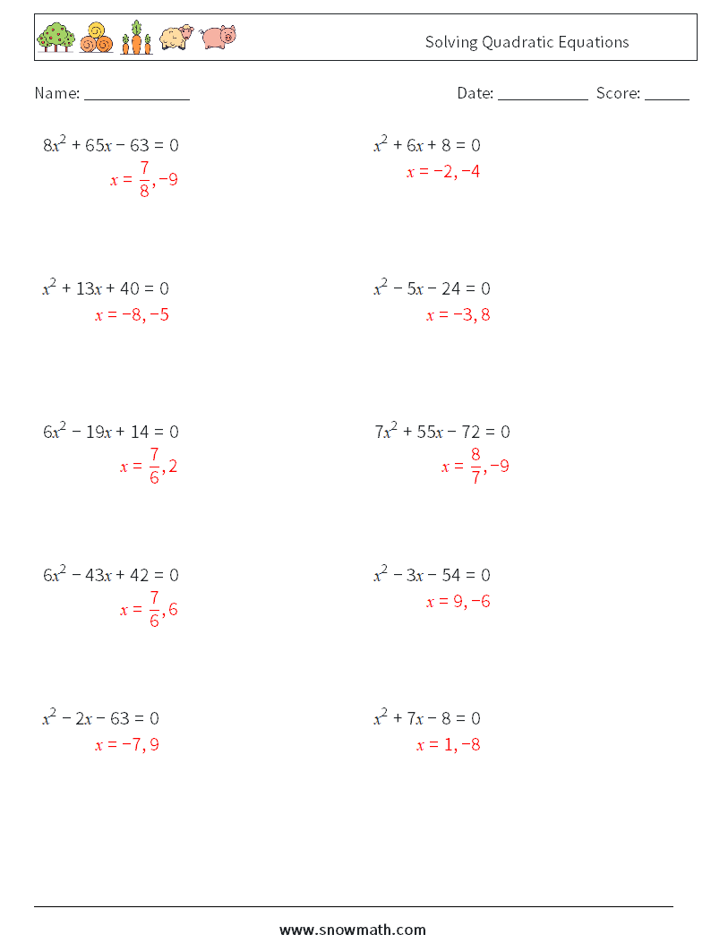 Solving Quadratic Equations Math Worksheets 6 Question, Answer