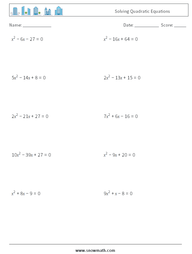 Solving Quadratic Equations Math Worksheets 7