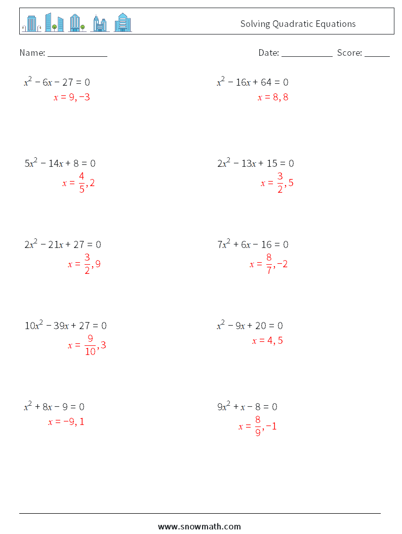 Solving Quadratic Equations Math Worksheets 7 Question, Answer