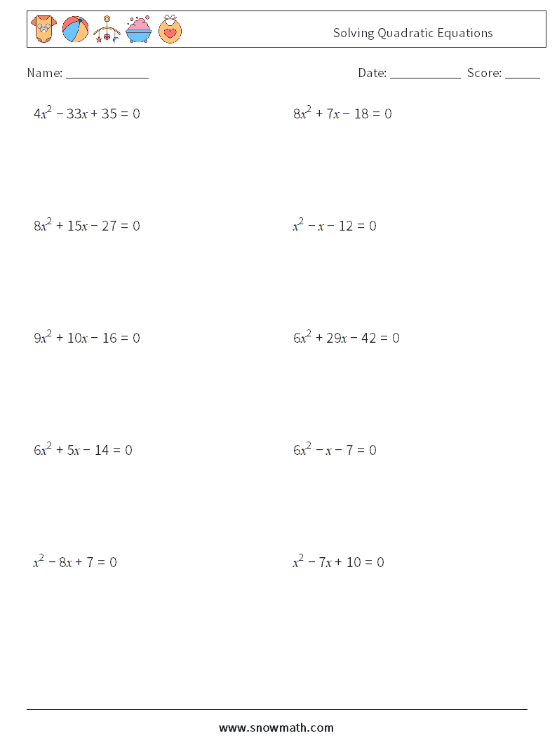 Solving Quadratic Equations Math Worksheets 8