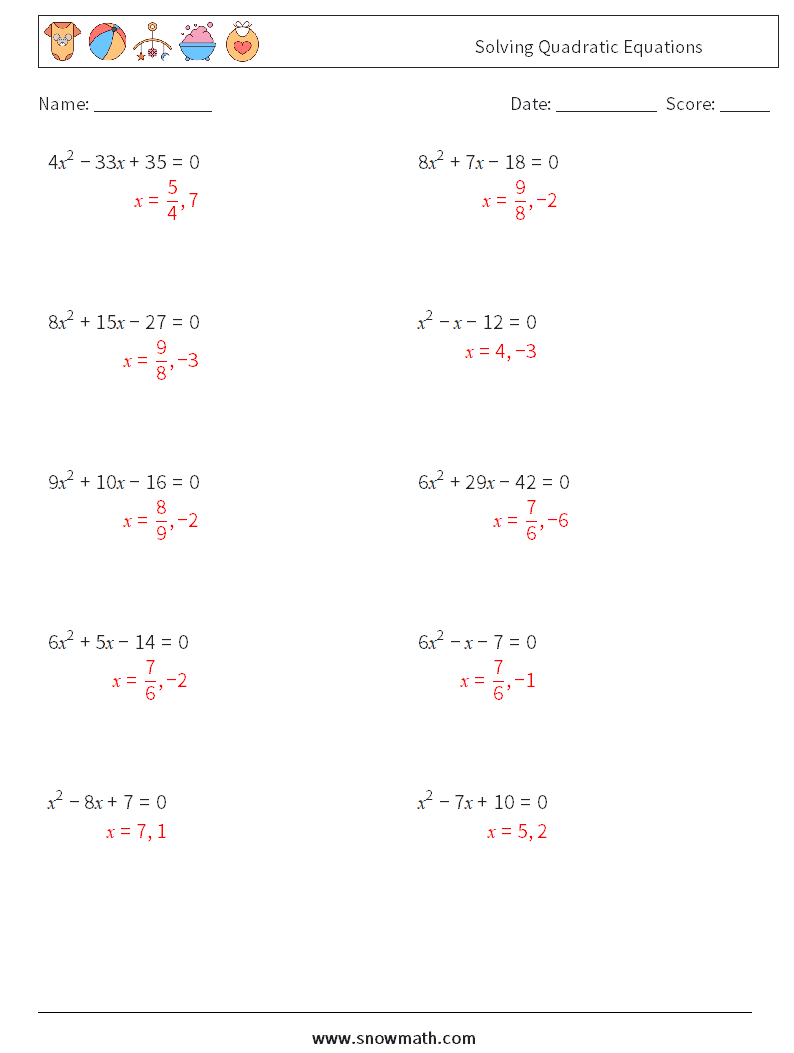 Solving Quadratic Equations Math Worksheets 8 Question, Answer