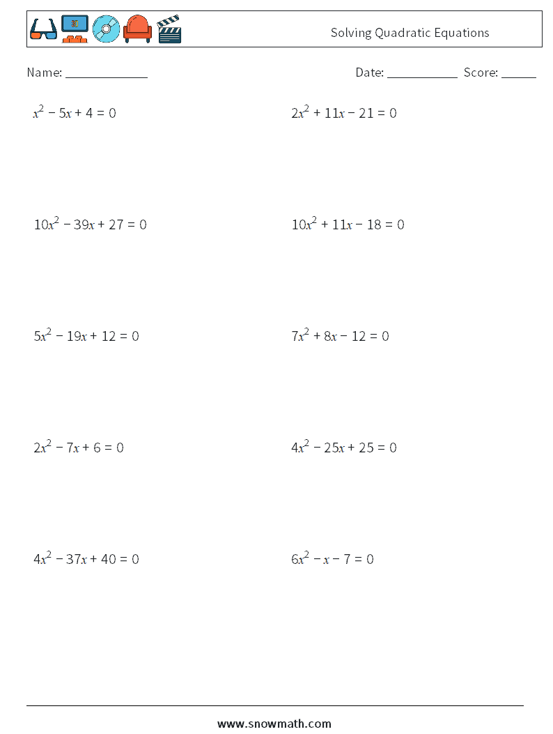 Solving Quadratic Equations Math Worksheets 9