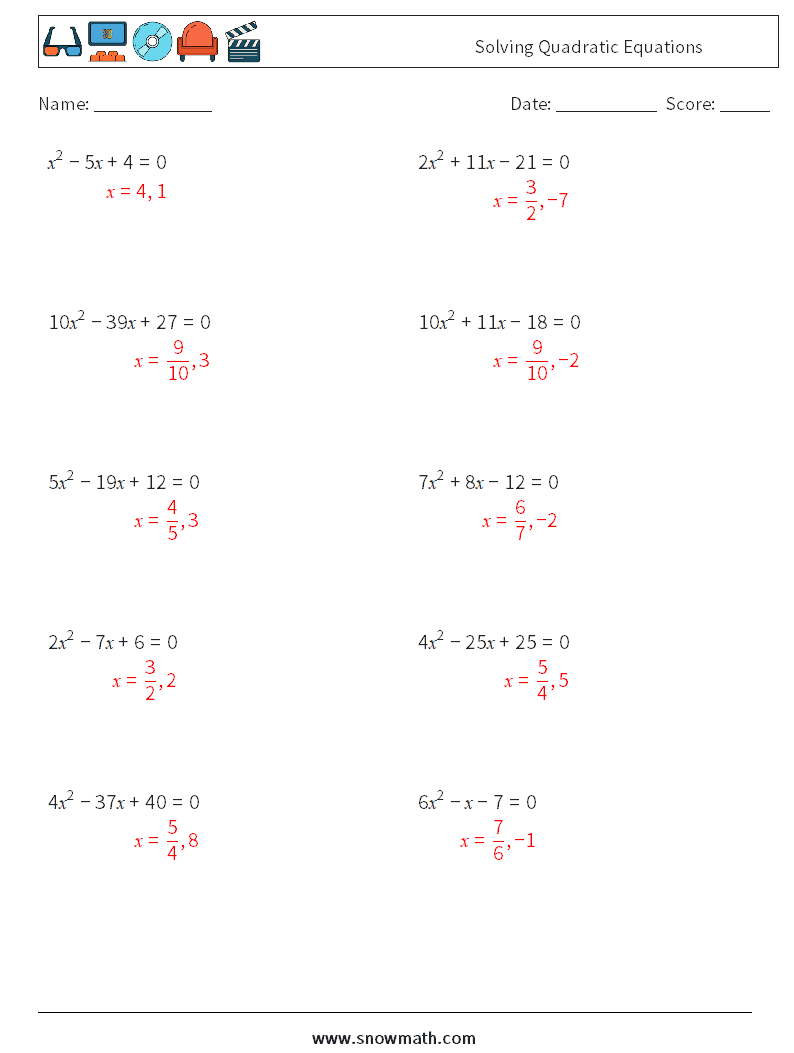 Solving Quadratic Equations Math Worksheets 9 Question, Answer