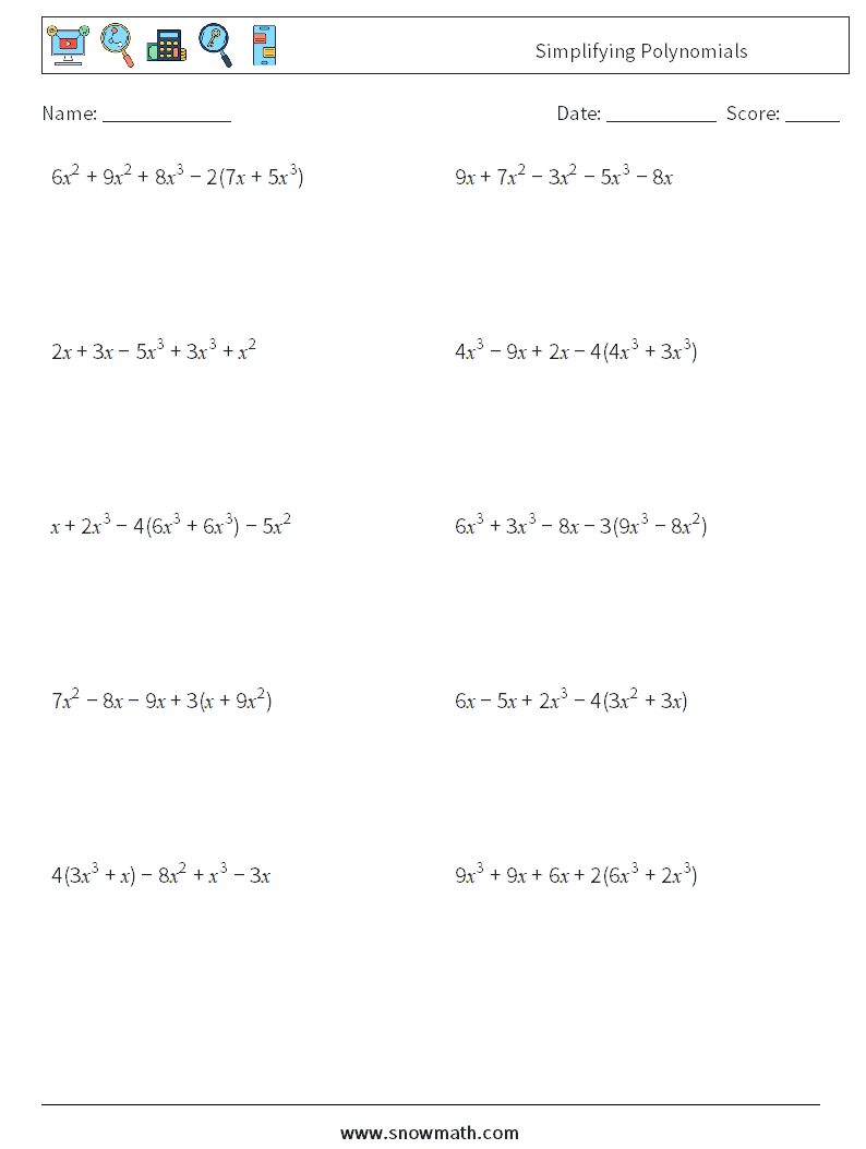 Simplifying Polynomials Math Worksheets 1