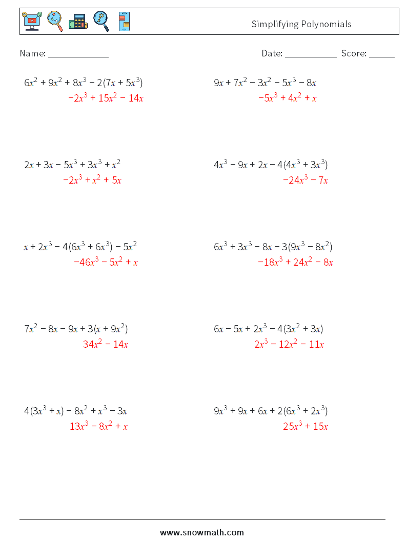 Simplifying Polynomials Math Worksheets 1 Question, Answer