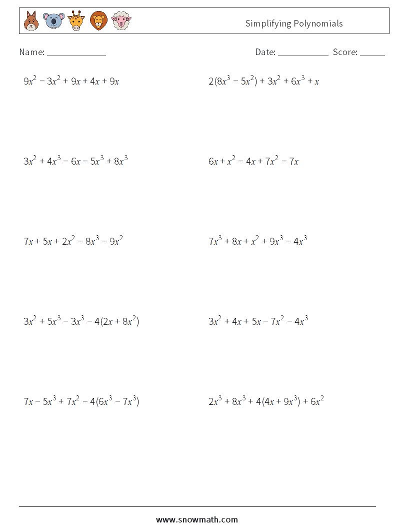 Simplifying Polynomials Math Worksheets 2