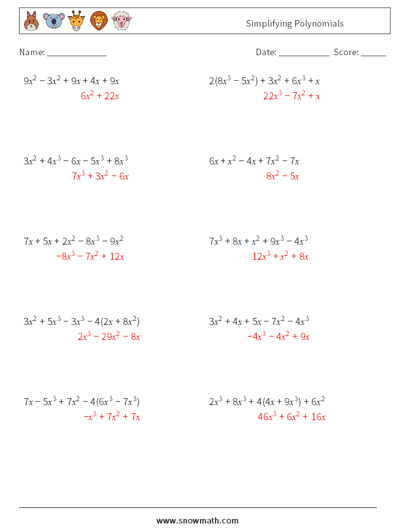 Simplifying Polynomials Math Worksheets 2 Question, Answer
