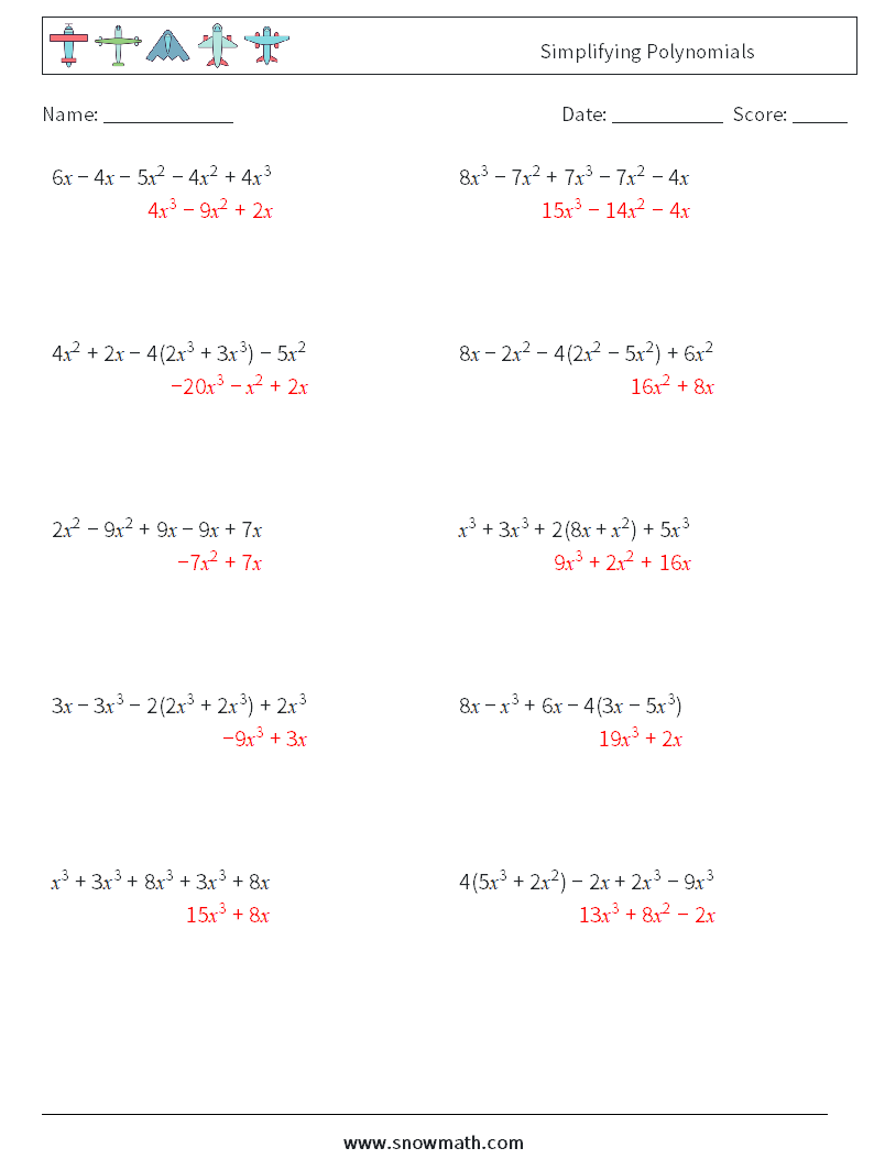 Simplifying Polynomials Math Worksheets 3 Question, Answer