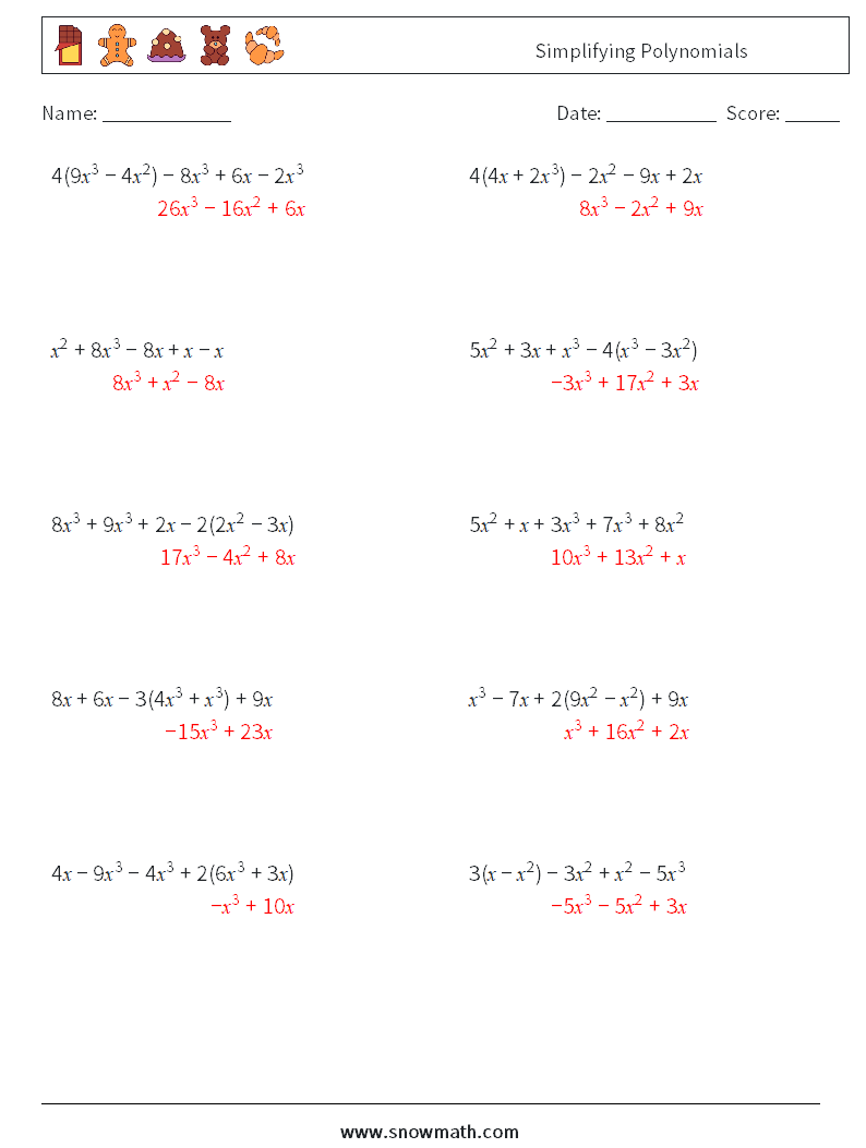 Simplifying Polynomials Math Worksheets 4 Question, Answer