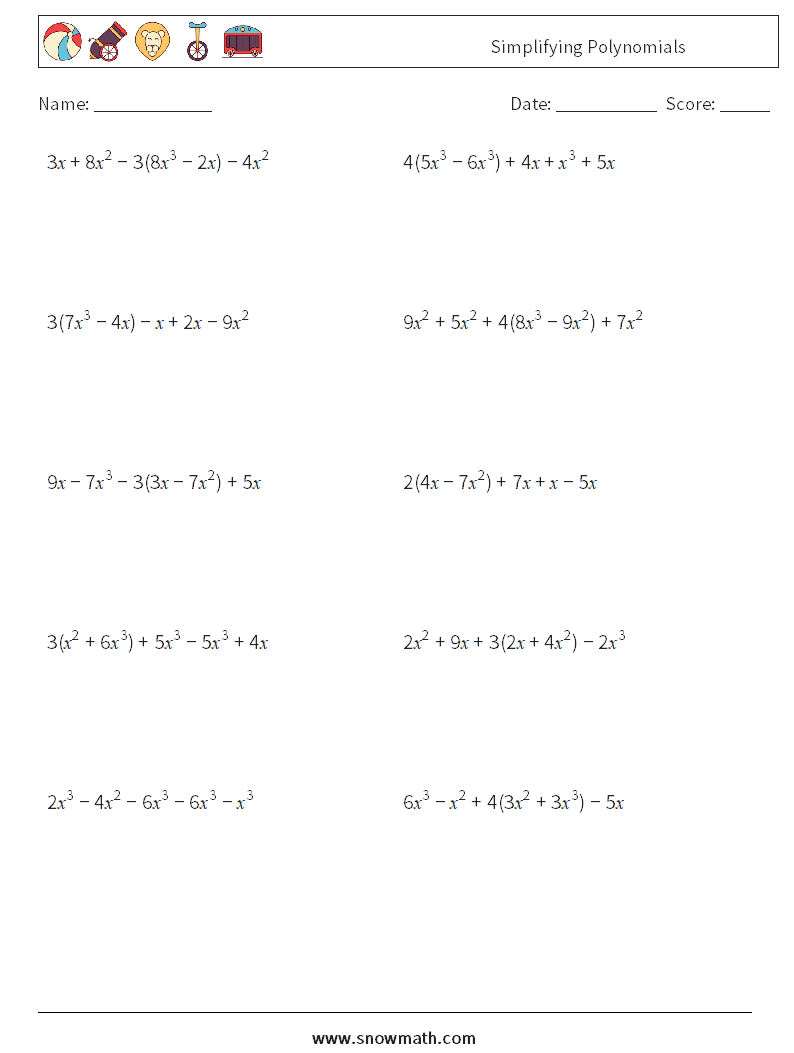 Simplifying Polynomials Math Worksheets 5