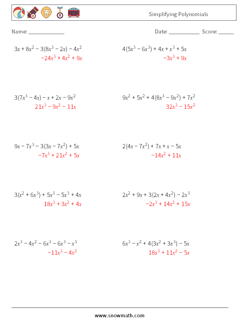 Simplifying Polynomials Math Worksheets 5 Question, Answer