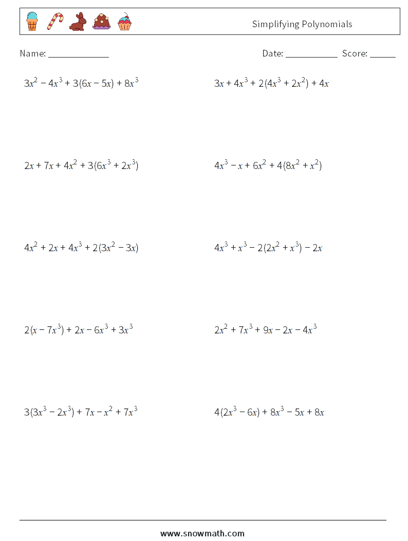 Simplifying Polynomials Math Worksheets 6