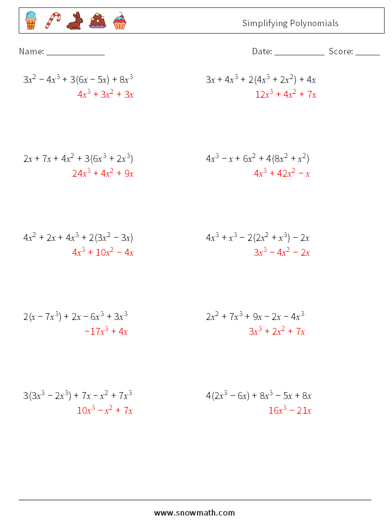Simplifying Polynomials Math Worksheets 6 Question, Answer