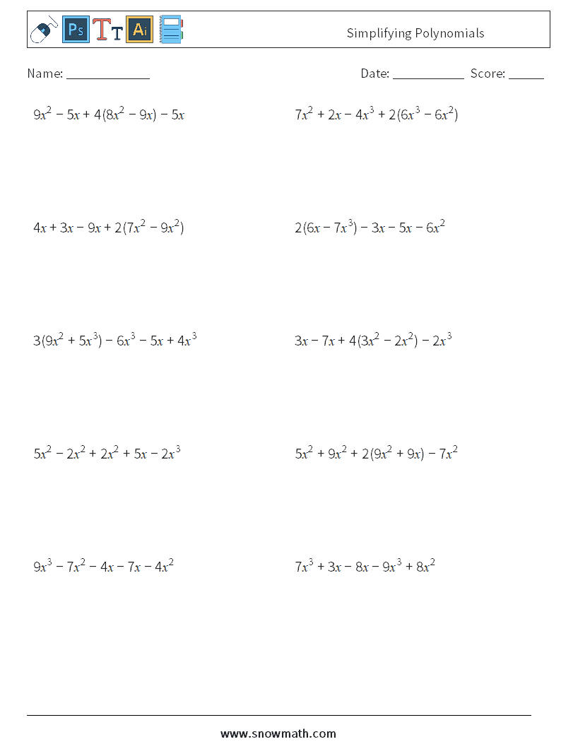 Simplifying Polynomials Math Worksheets 7