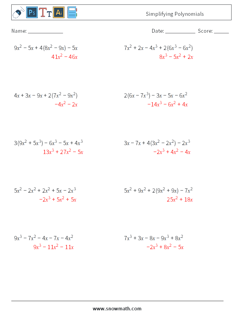 Simplifying Polynomials Math Worksheets 7 Question, Answer