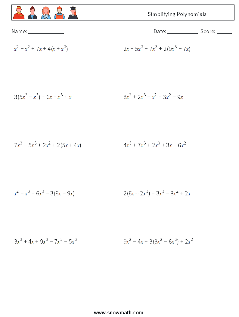 Simplifying Polynomials Math Worksheets 8