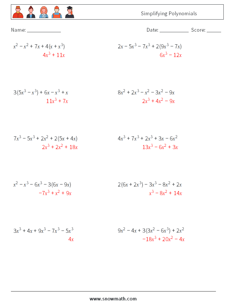 Simplifying Polynomials Math Worksheets 8 Question, Answer