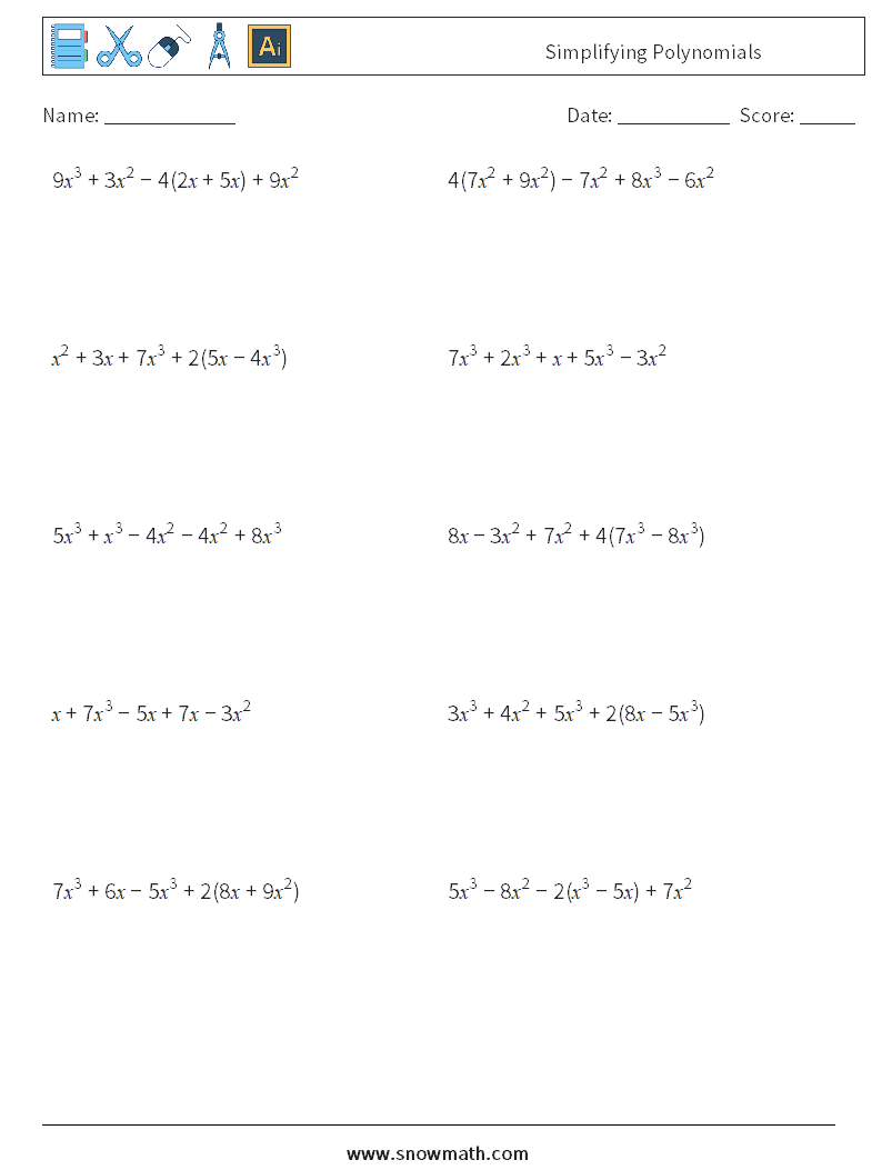 Simplifying Polynomials Math Worksheets 9