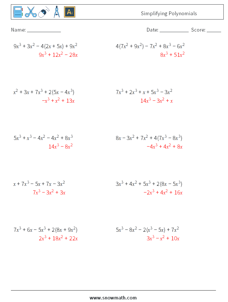 Simplifying Polynomials Math Worksheets 9 Question, Answer