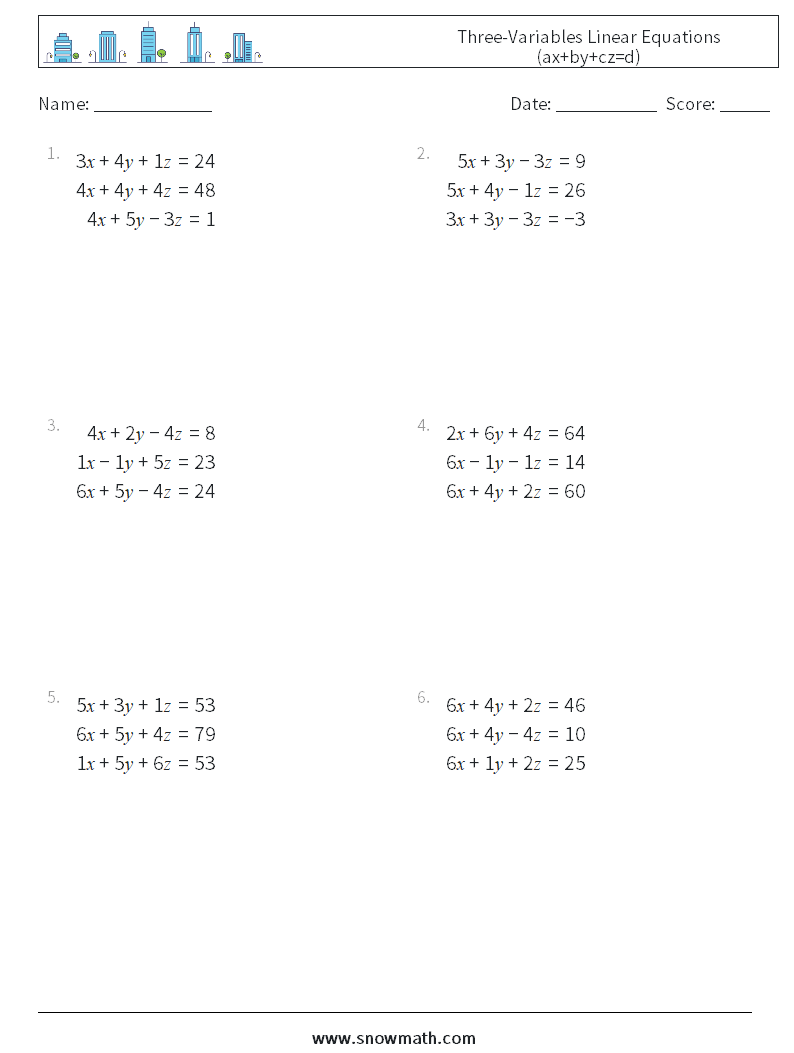 Three-Variables Linear Equations (ax+by+cz=d) Math Worksheets 1