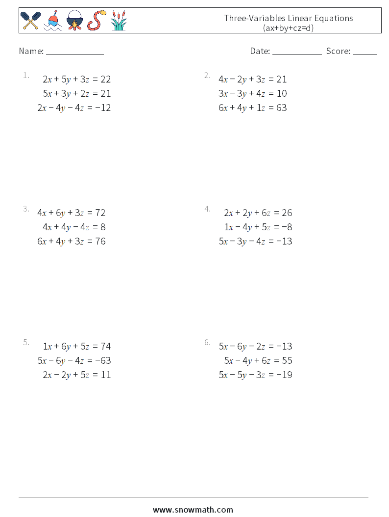 Three-Variables Linear Equations (ax+by+cz=d) Math Worksheets 18
