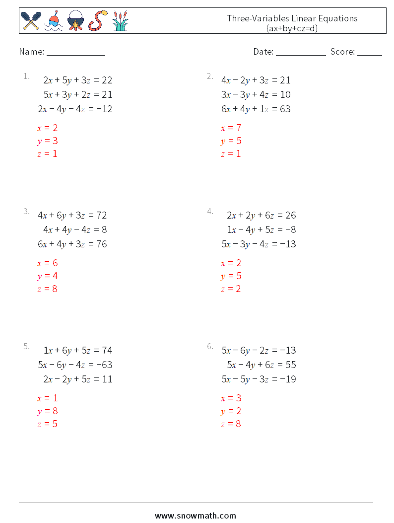 Three-Variables Linear Equations (ax+by+cz=d) Math Worksheets 18 Question, Answer
